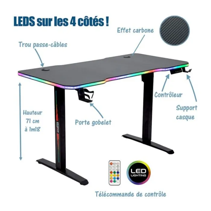Discount Bureau gaming LED motorisé AMS-DESK120T Noir Bureau Gaming