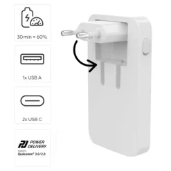 Chargeur rapide , 2 USB-C, 1 USB-A, mini-chargeur plat, PD, 65 W Chargeur Pc Portable