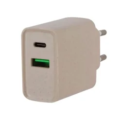 Outlet Chargeur secteur éco 2 ports USB-C et USB 20W Beige Câble, Chargeur Smartphone