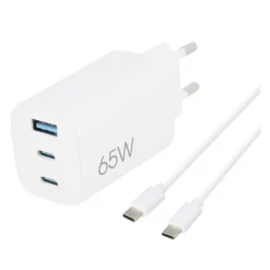 Chargeur secteur 3 ports 65W 1 USB A 2 USB C Câble, Chargeur Smartphone