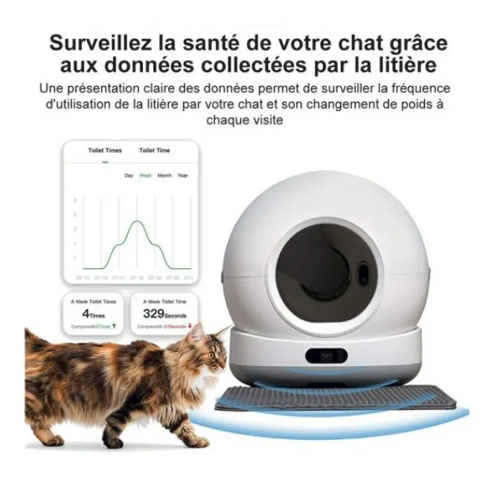 Hot Litière auto nettoyante 72L avec caméra Produits Animaux
