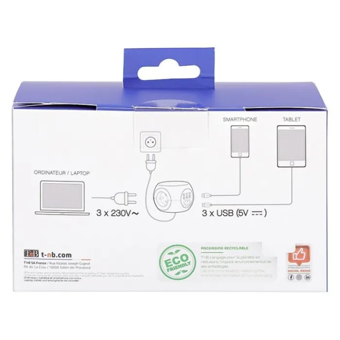 Outlet Multiprise 2 en 1 3 prises + 3 USB Blanche - Cable 1.43m Prise, Multiprise, Rallonge