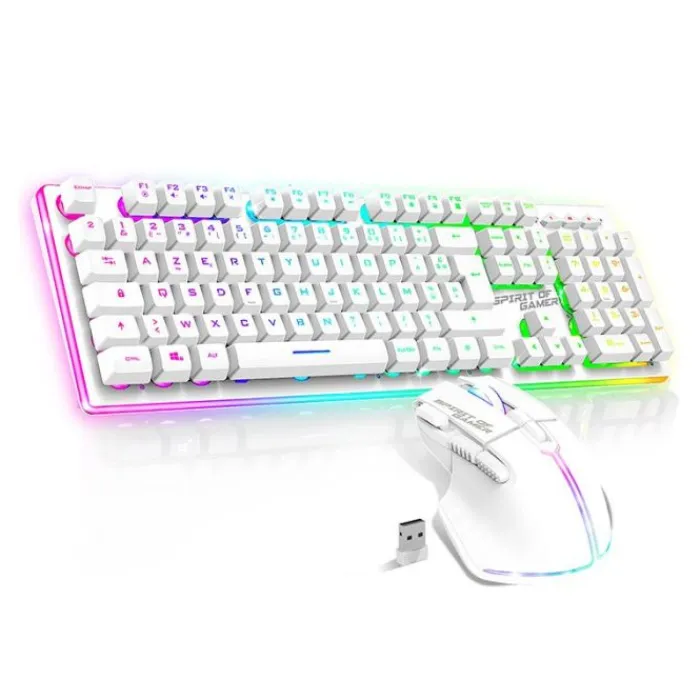 Online Pack Gamer - Clavier Sans Fil AZERTY FR RGB + Souris 4800 DPI, Rechargeable, Aluminium, PC/PS4/PS5/Xbox - Blanc Clavier Gaming