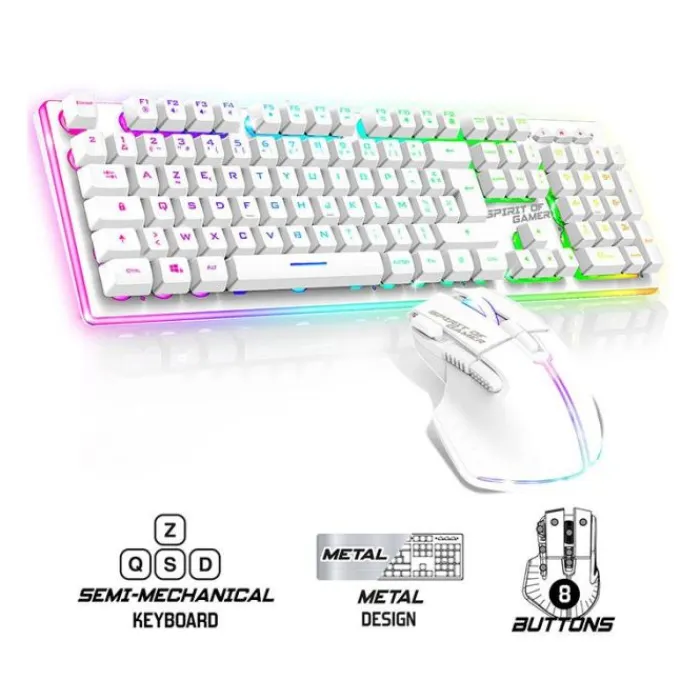 Online Pack Gamer - Clavier Sans Fil AZERTY FR RGB + Souris 4800 DPI, Rechargeable, Aluminium, PC/PS4/PS5/Xbox - Blanc Clavier Gaming