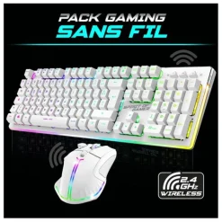 Online Pack Gamer - Clavier Sans Fil AZERTY FR RGB + Souris 4800 DPI, Rechargeable, Aluminium, PC/PS4/PS5/Xbox - Blanc Clavier Gaming