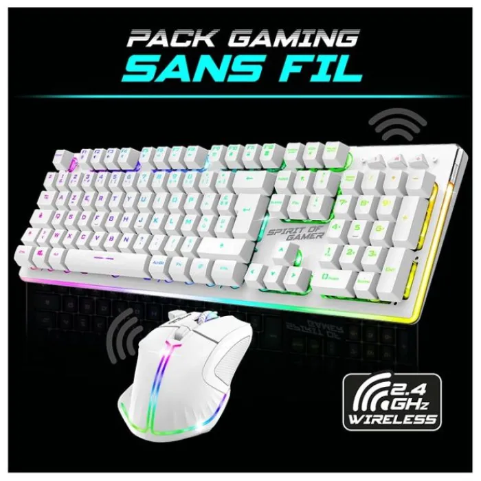 Online Pack Gamer - Clavier Sans Fil AZERTY FR RGB + Souris 4800 DPI, Rechargeable, Aluminium, PC/PS4/PS5/Xbox - Blanc Clavier Gaming