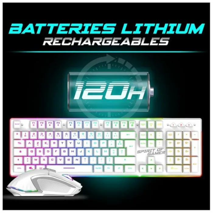 Online Pack Gamer - Clavier Sans Fil AZERTY FR RGB + Souris 4800 DPI, Rechargeable, Aluminium, PC/PS4/PS5/Xbox - Blanc Clavier Gaming