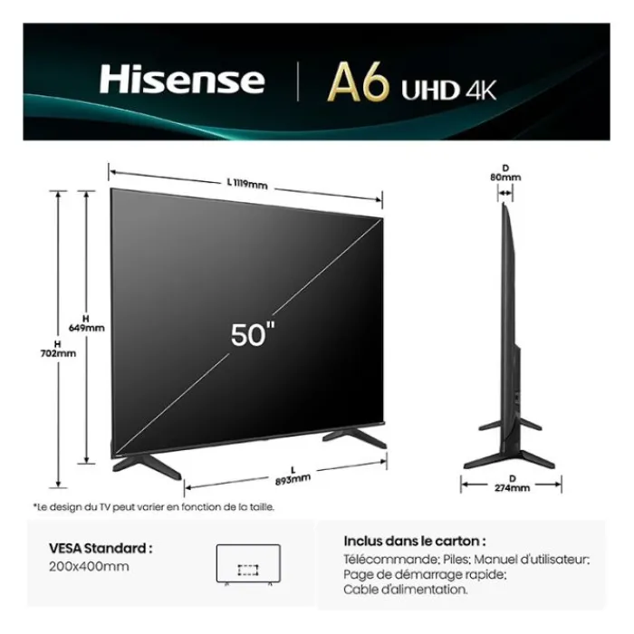 Best TV UHD 4K 50" 50A6Q Tv De 108 À 146 Cm